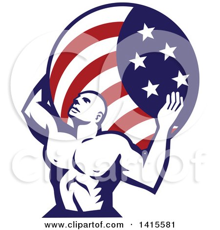 Clipart of a Retro Muscular Man, Atlas, Carrying an American Flag Globe on His Back - Royalty Free Vector Illustration by patrimonio