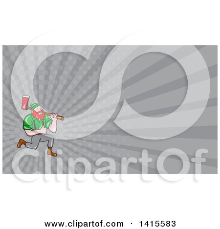 Clipart of a Cartoon Red Haired Lumberjack, Paul Bunyan, Kneeling, Carrying an Axe and Giving a Thumb up and Gray Rays Background or Business Card Design - Royalty Free Illustration by patrimonio