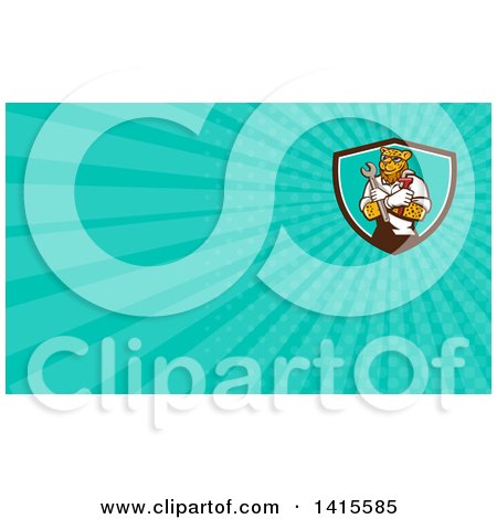 Clipart of a Leopard Plumber or Mechanic Holding Spanner and Monkey Wrenches in Folded Arms in a Shield and Turquoise Rays Background or Business Card Design - Royalty Free Illustration by patrimonio
