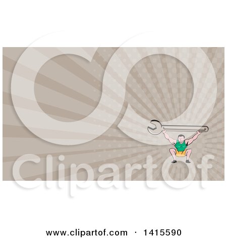 Clipart of a Retro Cartoon White Male Mechanic Squatting and Holding up a Giant Spanner Wrench and Rays Background or Business Card Design - Royalty Free Illustration by patrimonio