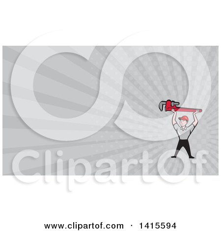 Clipart of a Retro Cartoon White Male Plumber Holding up a Giant Monkey Wrench and Gray Rays Background or Business Card Design - Royalty Free Illustration by patrimonio