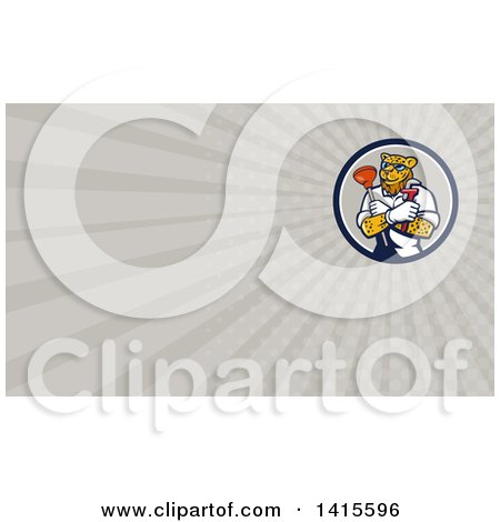 Clipart of a Leopard Plumber Holding a Plunger and Monkey Wrench in Folded Arms and Rays Background or Business Card Design - Royalty Free Illustration by patrimonio