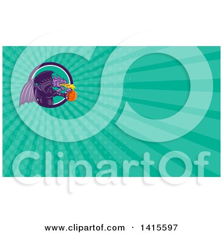 Clipart of a Retro Purple Fire Breathing Dragon Flying with a Basketball and Emerging from a Circle and Turquoise Rays Background or Business Card Design - Royalty Free Illustration by patrimonio