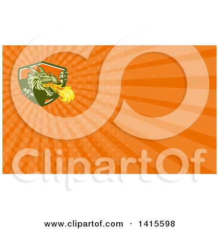 Clipart of a Retro Fire Breathing Dragon Emerging from a Shield and Orange Rays Background or Business Card Design - Royalty Free Illustration by patrimonio