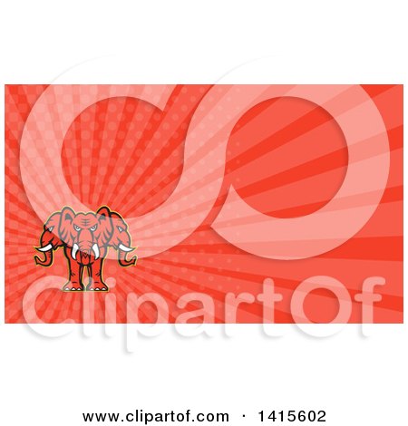 Clipart of a Retro Red Three Headed Elephant and Red Rays Background or Business Card Design - Royalty Free Illustration by patrimonio