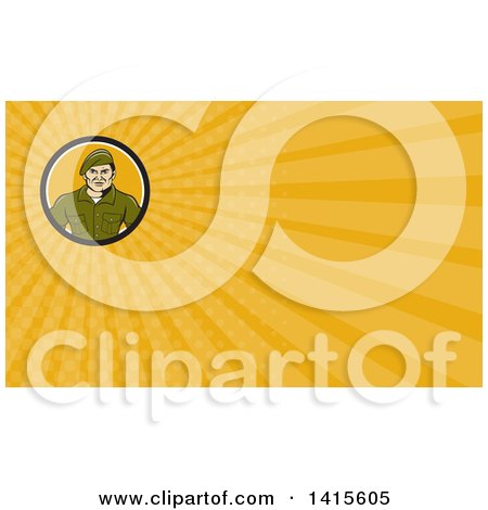 Clipart of a Cartoon Male Service Ranger and Yellow Rays Background or Business Card Design - Royalty Free Illustration by patrimonio