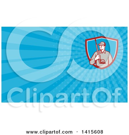 Clipart of a Retro Male Pressure Washer Worker Holding a Washing Gun and Blue Rays Background or Business Card Design - Royalty Free Illustration by patrimonio