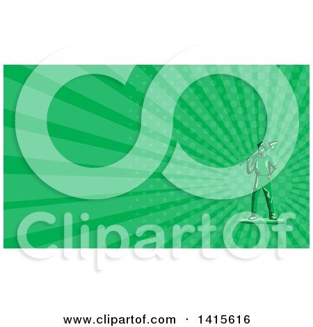 Clipart of a Retro Toy Miner Worker Holding a Shovel and Green Rays Background or Business Card Design - Royalty Free Illustration by patrimonio
