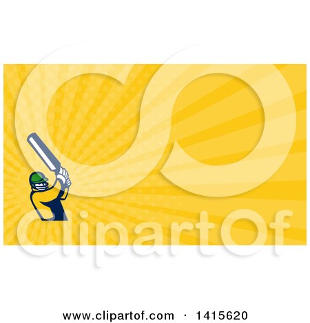 Clipart of a Retro Cricket Player Batsman Swinging and Yellow Rays Background or Business Card Design - Royalty Free Illustration by patrimonio