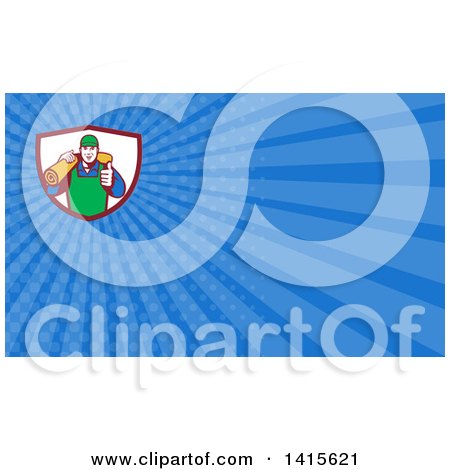 Clipart of a Retro Male Carpet Layer Giving a Thumb up and Carrying a Roll in a Shield and Blue Rays Background or Business Card Design - Royalty Free Illustration by patrimonio