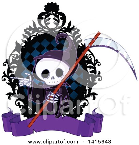 Clipart of a Cute Grim Reaper Skeleton Holding a Scythe and Pointing in a Frame - Royalty Free Vector Illustration by Pushkin