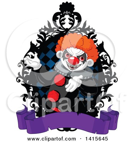 Clipart of a Creepy Clown Presenting Inside a Black Rame, over a Blank Purple Banner - Royalty Free Vector Illustration by Pushkin