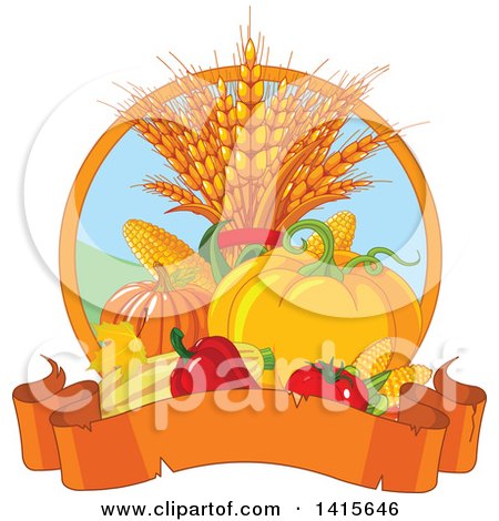 Clipart of a Still Life of Autumn Harvest Vegetables and Leaves with a Banner - Royalty Free Vector Illustration by Pushkin