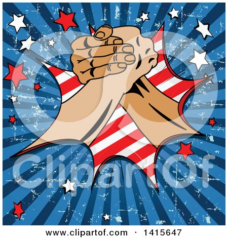 Clipart of a Grungy Labor Day Themed Background with Arm Wrestling Hands, Stars and Rays - Royalty Free Vector Illustration by Pushkin