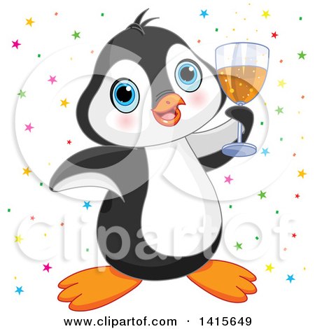 Clipart of a Cute Blue Eyed Penguin Celebrating and Cheering with a Glass of Champagne - Royalty Free Vector Illustration by Pushkin