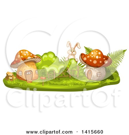 Clipart of a Rabbit and Mushroom Houses - Royalty Free Vector Illustration by merlinul