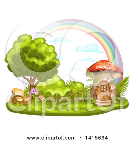 Clipart of a Mushroom House and Rainbow - Royalty Free Vector Illustration by merlinul