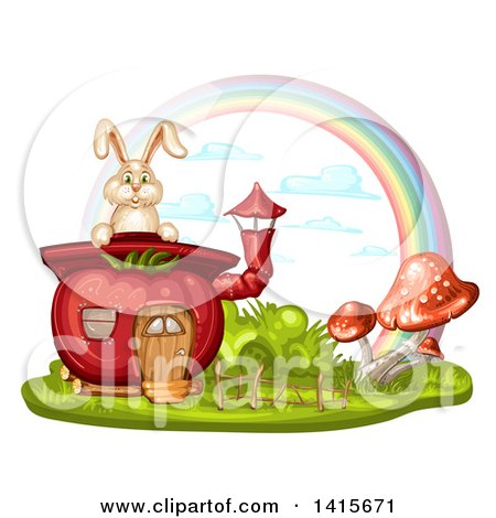 Clipart of a Tomato House and Rabbit with a Rainbow - Royalty Free Vector Illustration by merlinul