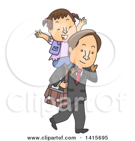 Clipart of a Cartoon Brunette White Girl Getting a Piggy Bank Ride from Her Dad - Royalty Free Vector Illustration by BNP Design Studio