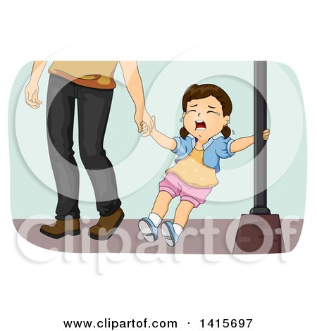 Clipart of a Brunette White Girl Throwing a Tantrum, Holding onto a Pole and Her Dads Hand - Royalty Free Vector Illustration by BNP Design Studio