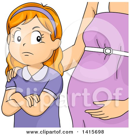 Clipart of a Red Haired White Girl, Sister to Be, with an Attitude, Standing by Her Pegnant Mom - Royalty Free Vector Illustration by BNP Design Studio