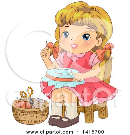 Clipart of a Retro Blond White Girl Working on an Embroidery Frame - Royalty Free Vector Illustration by BNP Design Studio