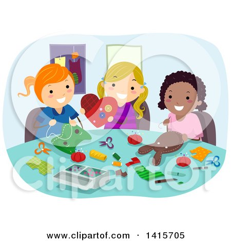 Clipart of a Group of Girls Sewing Projects Together - Royalty Free Vector Illustration by BNP Design Studio