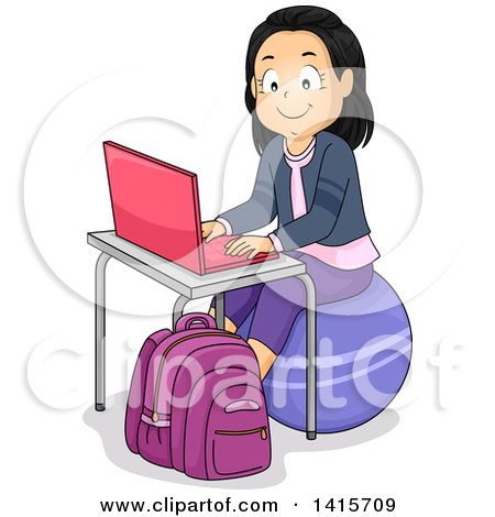 Clipart of a Happy School Girl Using a Pink Laptop and Sitting on an Exercise Ball - Royalty Free Vector Illustration by BNP Design Studio