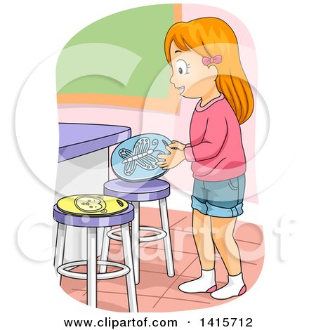 Clipart of a Red Haired White Girl Setting up Stool Seat Markers - Royalty Free Vector Illustration by BNP Design Studio