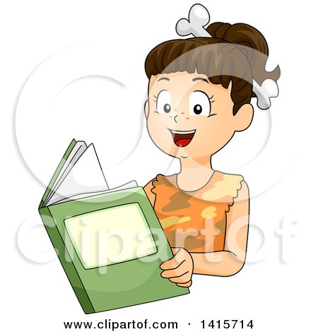 Clipart of a Brunette Cave Girl Reading a Book - Royalty Free Vector Illustration by BNP Design Studio
