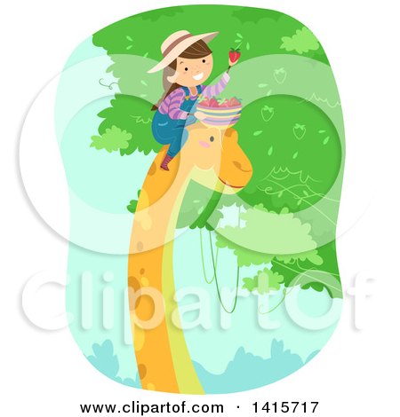 Clipart of a Brunette White Girl on a Dinosaur's Head, Picking Fruit - Royalty Free Vector Illustration by BNP Design Studio