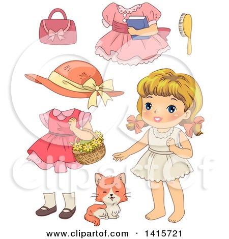 Clipart of a Retro Blond White Girl with Clothing and a Cat - Royalty Free Vector Illustration by BNP Design Studio