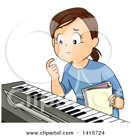 Clipart of a Brunette White Girl Learning How to Play the Piano - Royalty Free Vector Illustration by BNP Design Studio