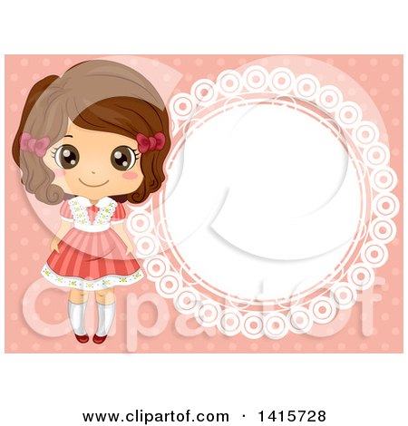 Clipart of a Retro Brunette White Girl by a Round Frame on Pink - Royalty Free Vector Illustration by BNP Design Studio