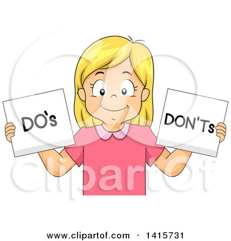 Clipart of a Blond White Girl Holding Dos and Donts Signs - Royalty Free Vector Illustration by BNP Design Studio