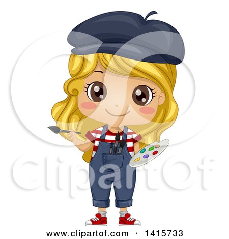 Clipart of a Blond White Girl Artist Holding a Paintbrush and Palette - Royalty Free Vector Illustration by BNP Design Studio