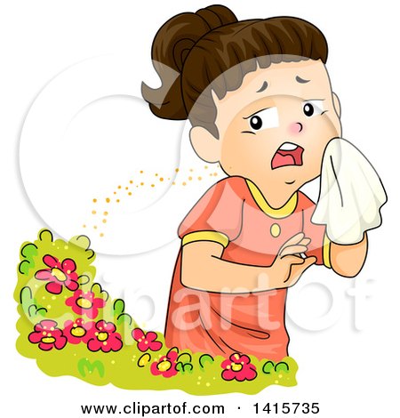 Clipart of a Brunette White Girl Sneezing from Flower Pollen - Royalty Free Vector Illustration by BNP Design Studio