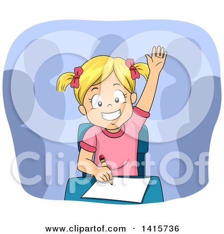 Clipart of a Blond White School Girl Raising Her Hand in Class - Royalty Free Vector Illustration by BNP Design Studio