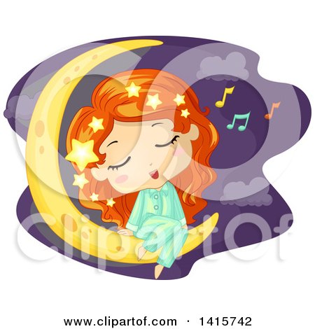 Clipart of a Red Haired White Girl Singing and Sitting on a Crescent Moon - Royalty Free Vector Illustration by BNP Design Studio