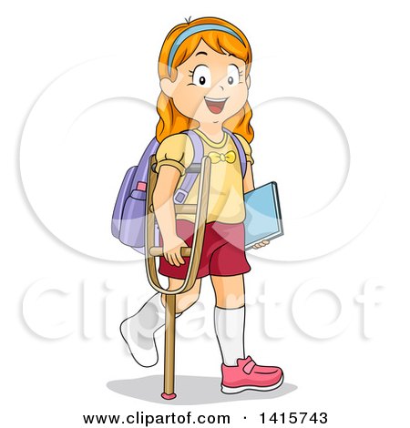 Clipart of a Red Haired White School Girl Walking with a Crutch - Royalty Free Vector Illustration by BNP Design Studio