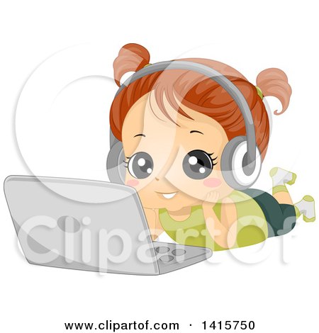 Clipart of a Brunette White Girl Laying on the Floor, Wearing Headphones and Listening to Music on a Laptop Computer - Royalty Free Vector Illustration by BNP Design Studio