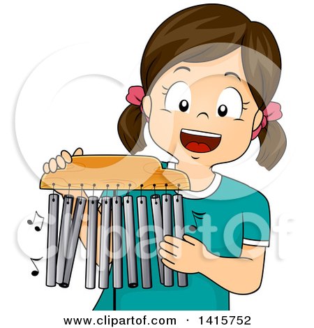 Clipart of a Brunette White Girl Playing Mark Tree Chimes - Royalty Free Vector Illustration by BNP Design Studio