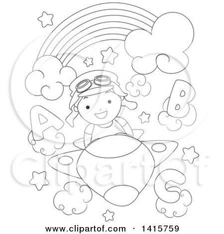 Clipart of a Black and White Lineart Boy Flying a Plane in Alphabet Clouds Under a Rainbow - Royalty Free Vector Illustration by BNP Design Studio