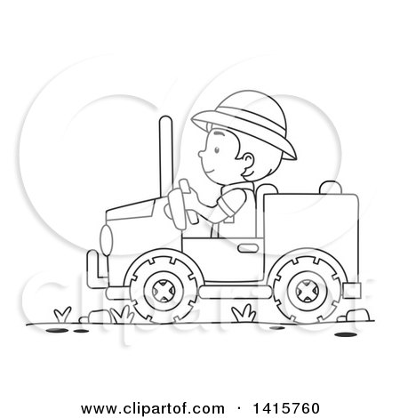 Clipart of a Black and White Lineart Boy Driving a Safari Jeep - Royalty Free Vector Illustration by BNP Design Studio