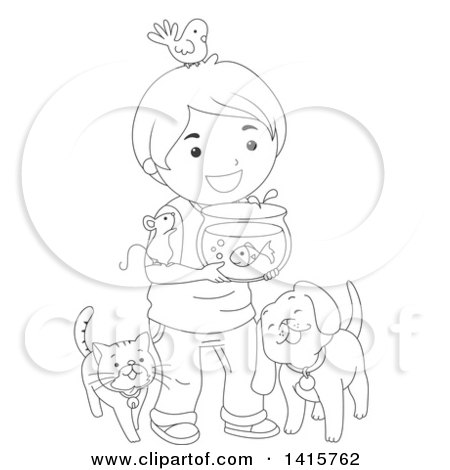 Clipart of a Black and White Lineart Boy with His Pets - Royalty Free Vector Illustration by BNP Design Studio