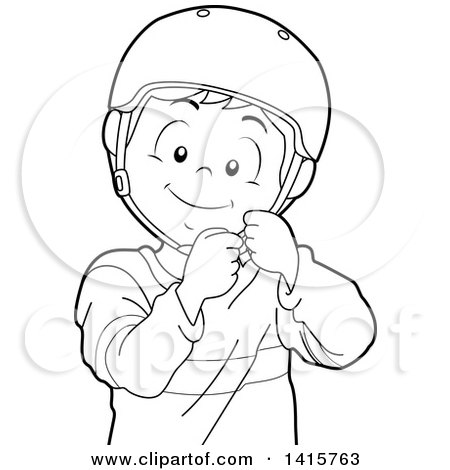 Clipart of a Black and White Lineart Boy Putting on a Helmet - Royalty Free Vector Illustration by BNP Design Studio
