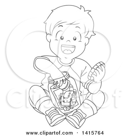 Clipart of a Black and White Lineart Boy Putting Toys in a Jar - Royalty Free Vector Illustration by BNP Design Studio