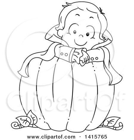 Clipart of a Black and White Lineart Boy Vampire in a Pumpkin - Royalty Free Vector Illustration by BNP Design Studio