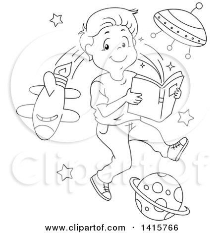 Clipart of a Black and White Lineart Boy Reading and Imagining That He Is in Outer Space - Royalty Free Vector Illustration by BNP Design Studio