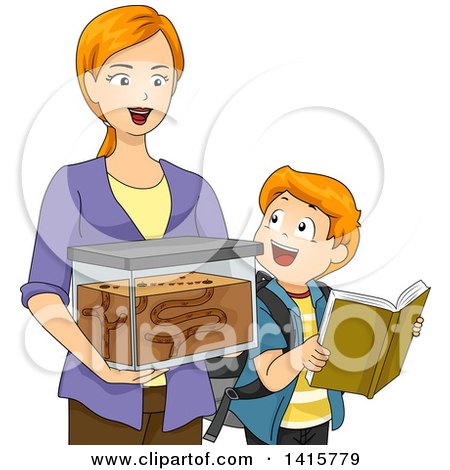 Clipart of a Red Haired Caucasian Mom and Son with an Ant Farm - Royalty Free Vector Illustration by BNP Design Studio
